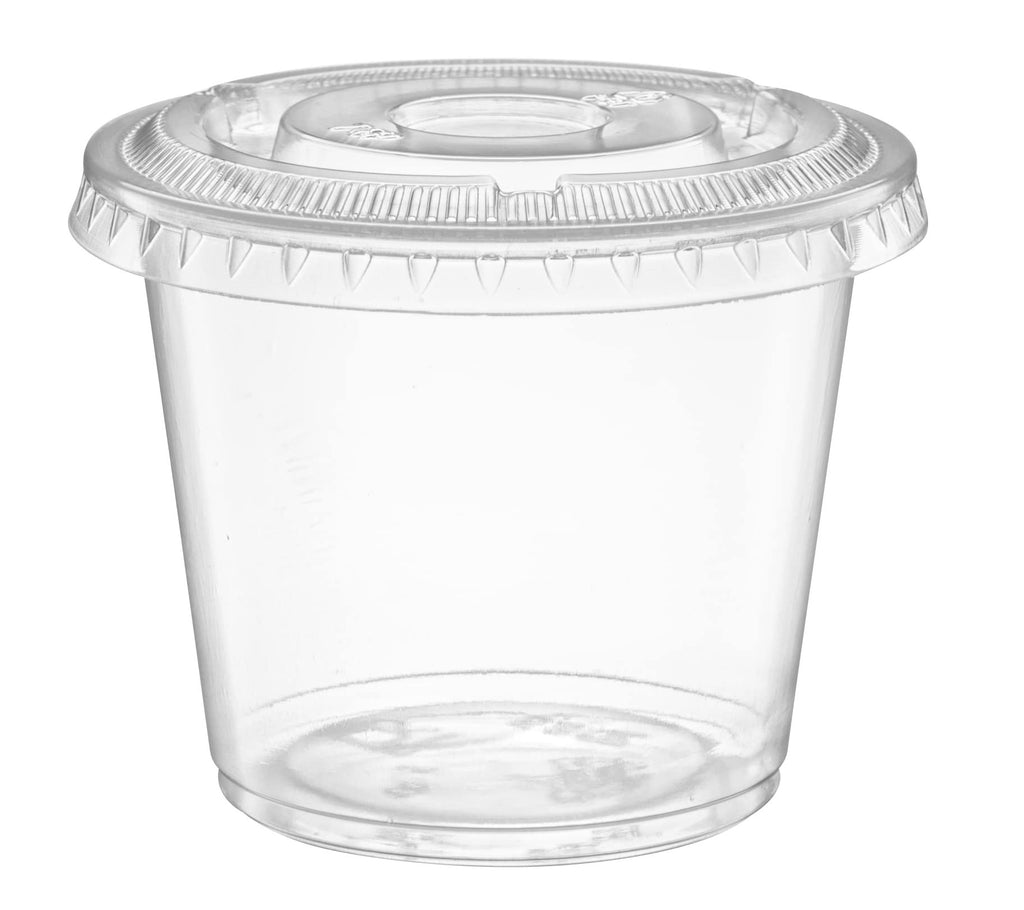 Clear plastic portion cup with a domed lid, isolated on a white background.