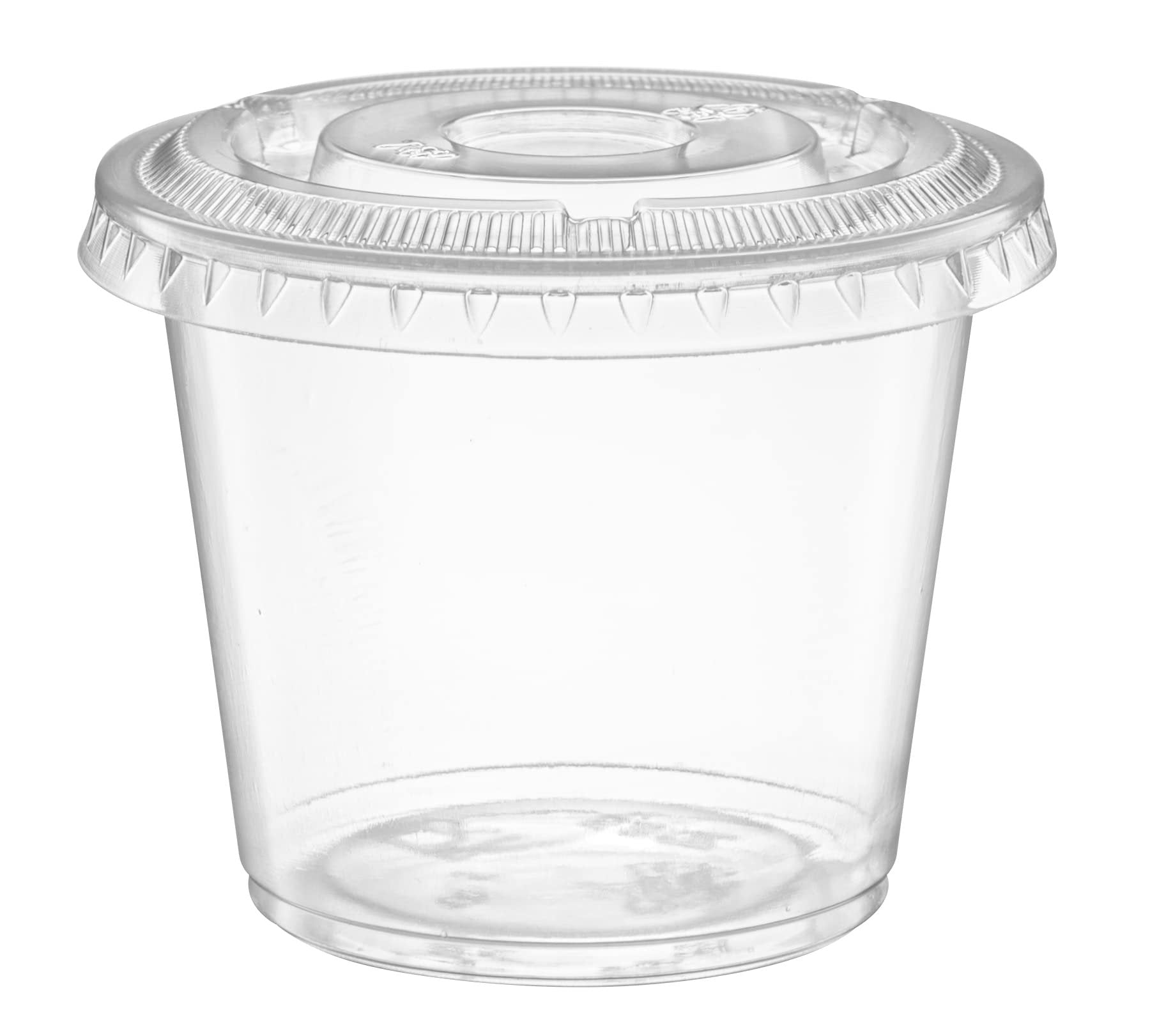 Clear plastic portion cup with a domed lid, isolated on a white background.
