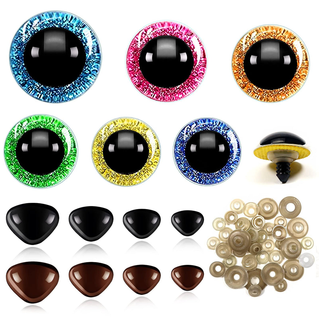Assorted glitter plastic doll eyes in blue, pink, orange, green, yellow, and dark blue, plus black and brown safety noses and a pile of plastic washers.