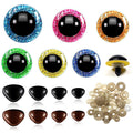 Assorted glitter plastic doll eyes in blue, pink, orange, green, yellow, and dark blue, plus black and brown safety noses and a pile of plastic washers.