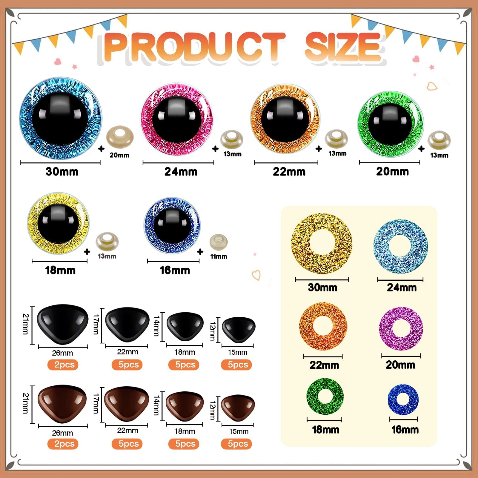 Assorted glitter plastic doll eyes and noses with washers in various sizes and colors, displayed with measurements.
