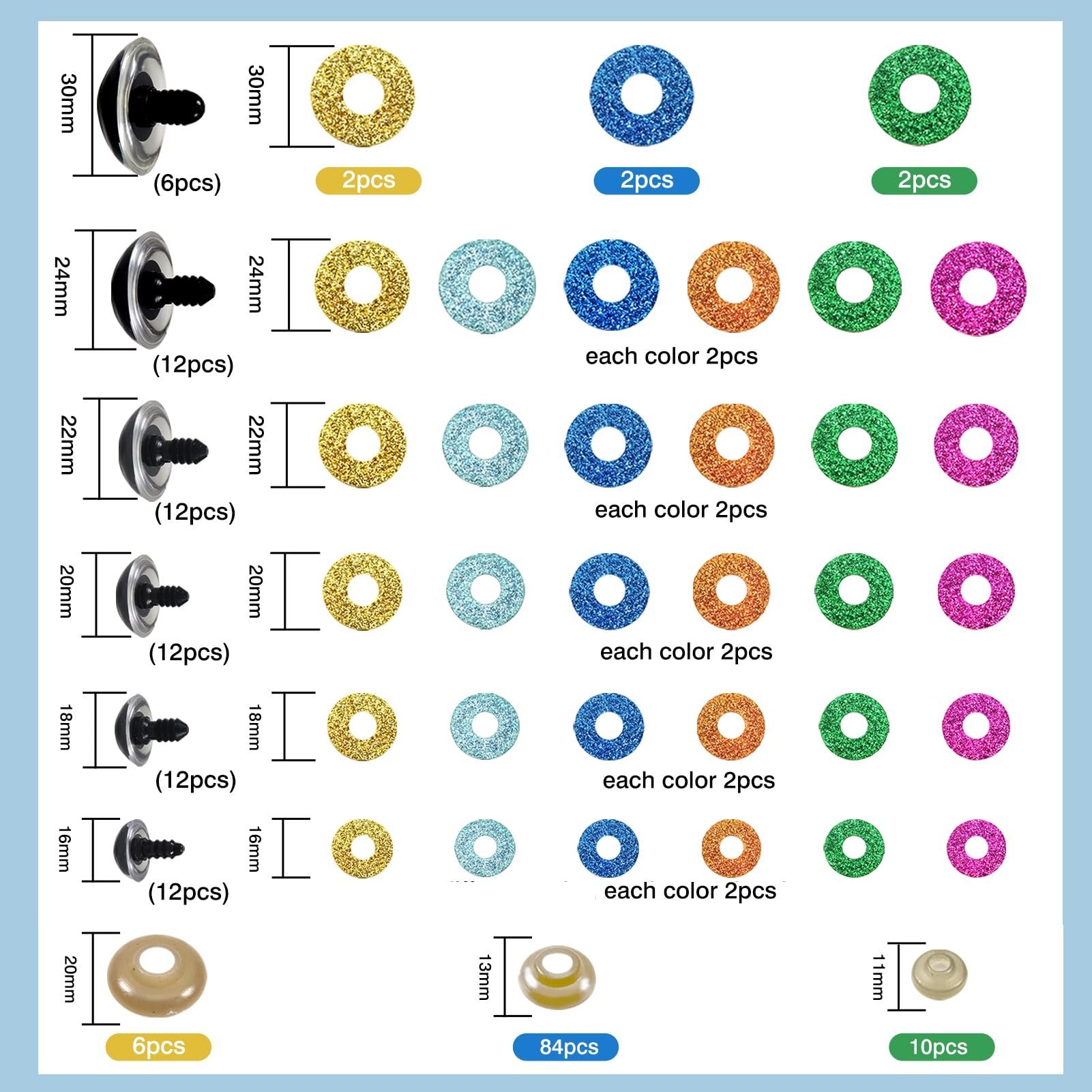 Assortment of glitter plastic doll eyes and noses in various sizes and colors, with dimensions and quantities indicated.