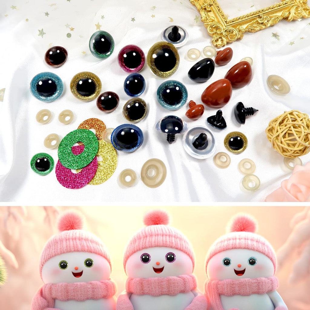 Assorted glitter and plain plastic safety eyes and noses with washers, arranged on white fabric with a gold frame and a woven ball.