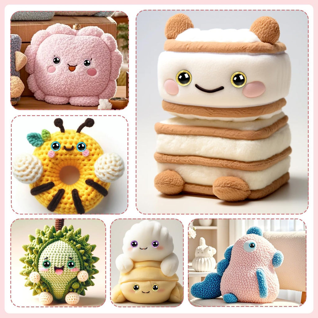 Collage of five crocheted stuffed animals: pink flower, bee, durian, sandwich, and dinosaur.