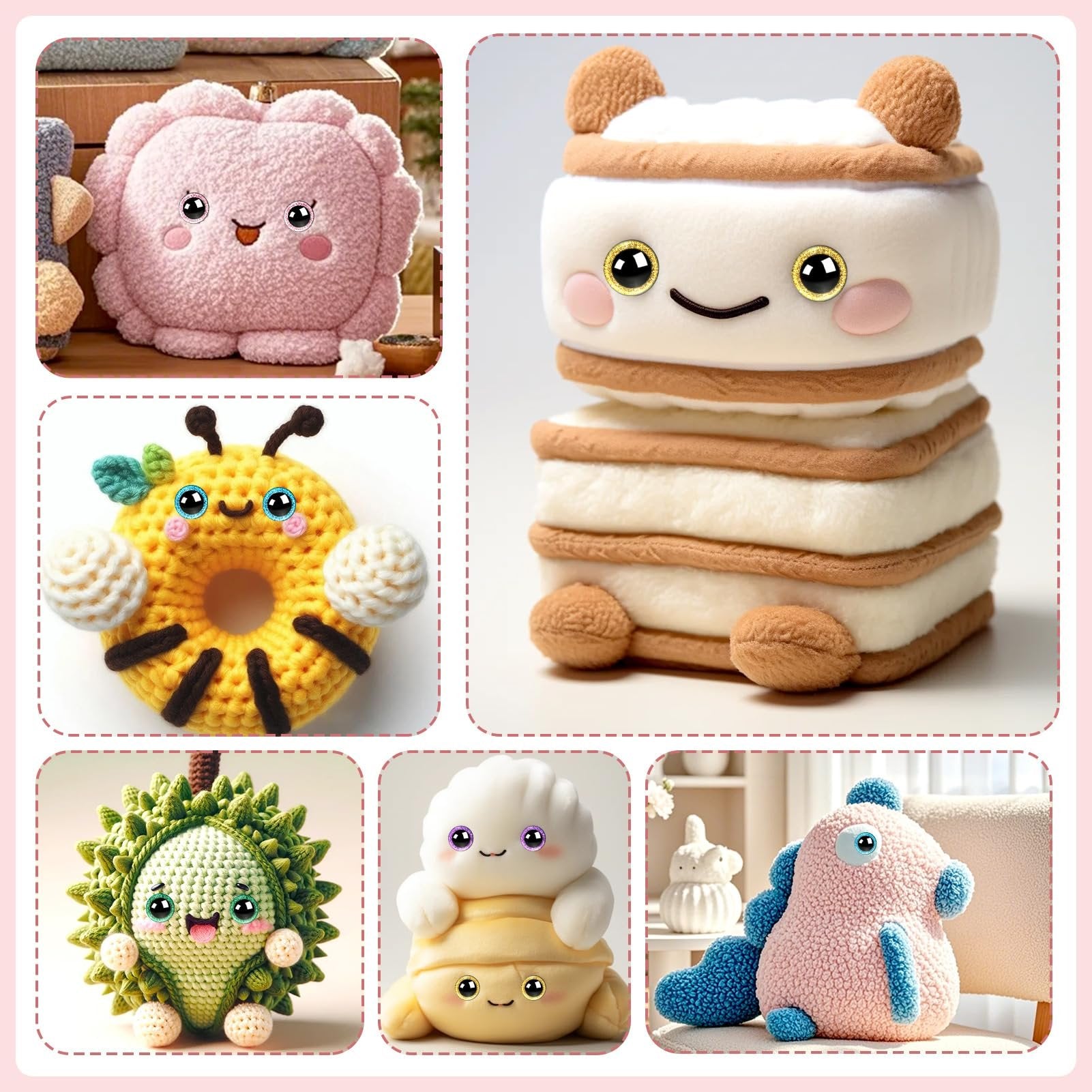 Collage of five crocheted stuffed animals: pink flower, bee, durian, sandwich, and dinosaur.