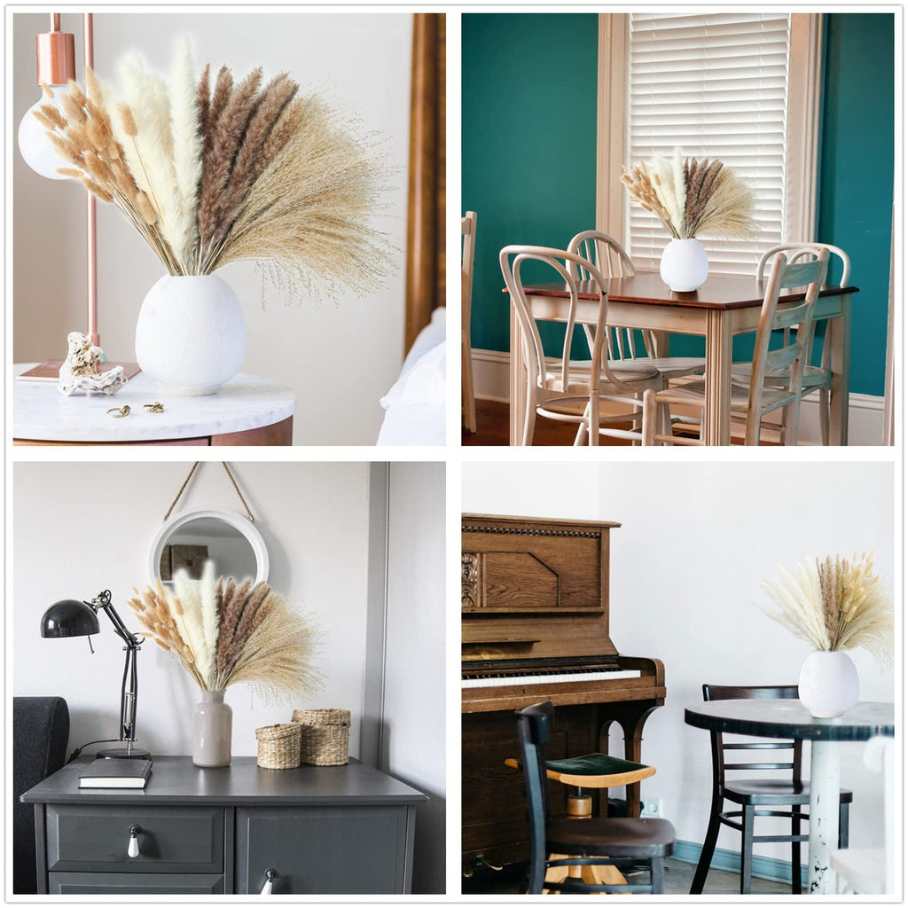 Four arrangements of dried pampas grass in white vases, styled in different home settings.