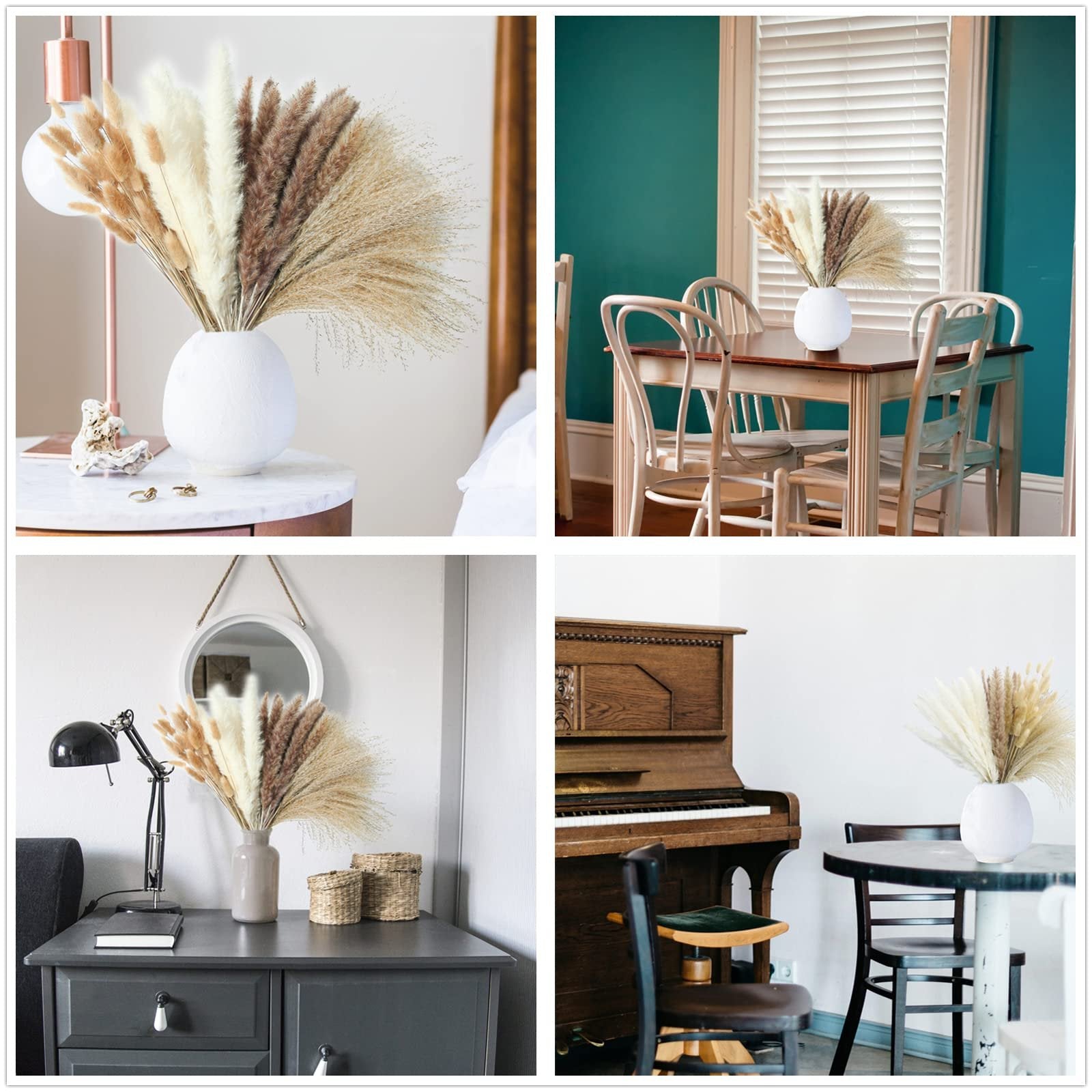 Four arrangements of dried pampas grass in white vases, styled in different home settings.