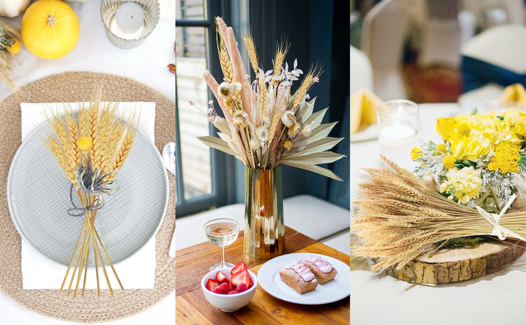 Collage of dried wheat stalks used in home decor arrangements. One shows wheat on a plate, another in a vase with other dried flowers, and a third with yellow flowers.