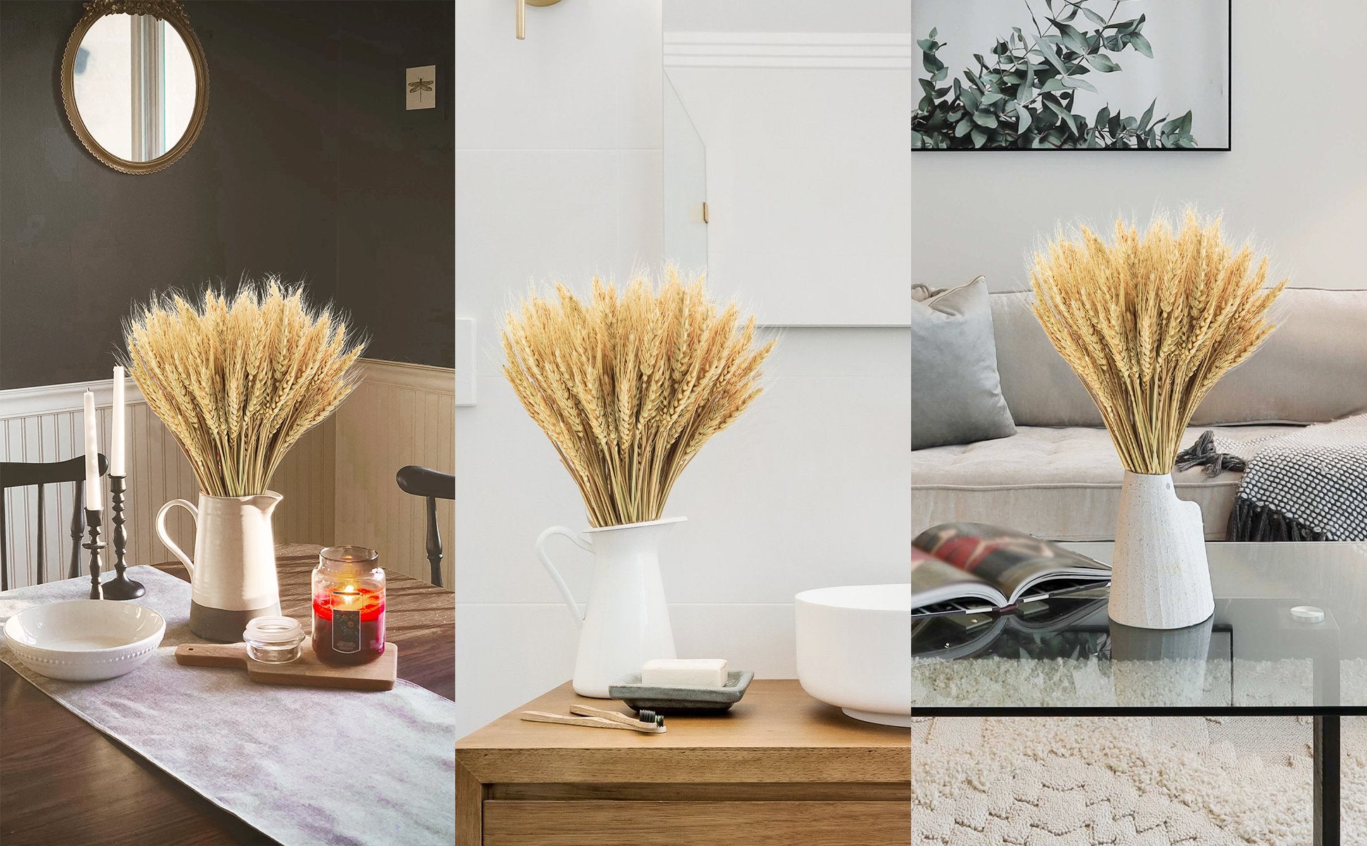 Dried wheat stalks arranged in vases in three different home decor settings: dining table, bathroom vanity, and living room coffee table.