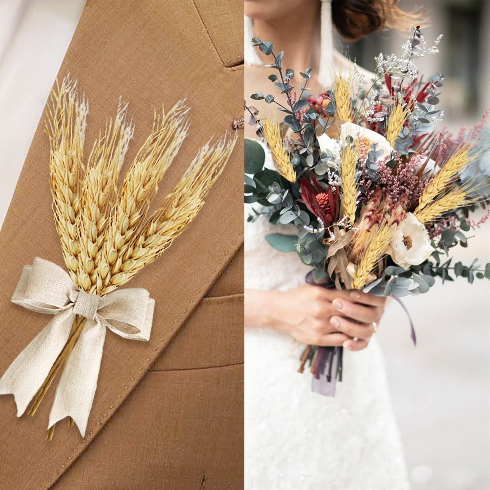 Dried wheat stalks with a bow on a suit jacket and in a bridal bouquet