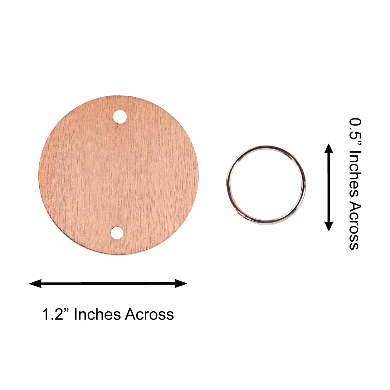 Unfinished wooden circle disc with two holes and a metal key ring, showing dimensions
