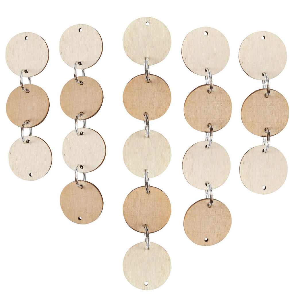 Unfinished wooden circles with key rings attached, displayed in hanging strands against a white background.