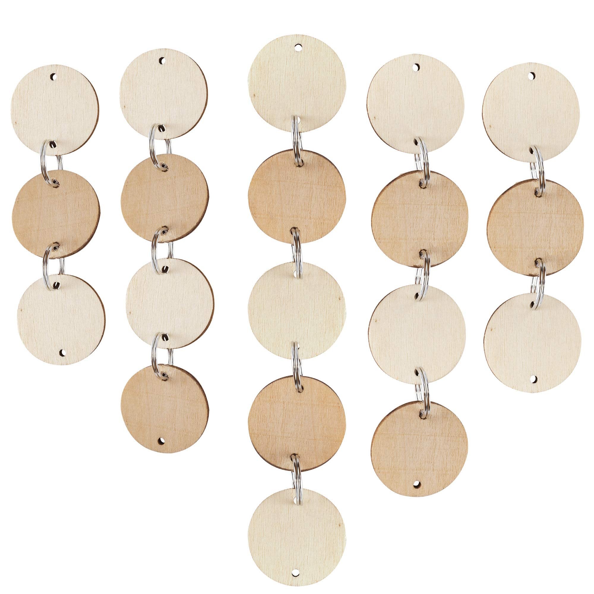 Unfinished wooden circles with key rings attached, displayed in hanging strands against a white background.
