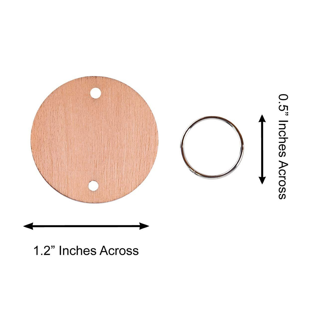 Unfinished wooden circle disc with two holes and a key ring, with dimension callouts for size