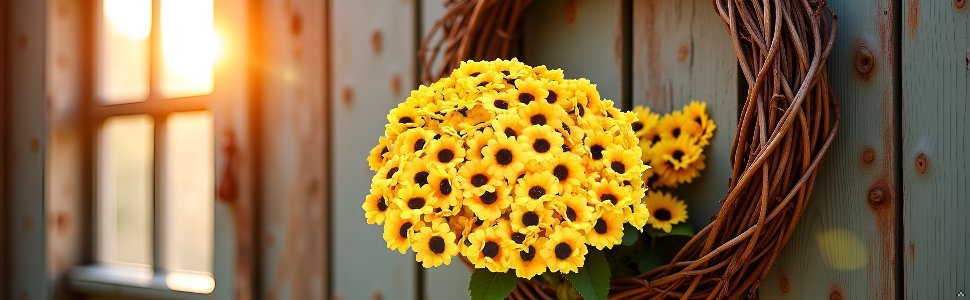 Bunch of yellow artificial sunflower heads arranged in a rustic wreath on a wooden background with sunlight streaming through a window.