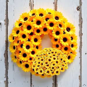 Wreath and pile of artificial sunflower heads on a distressed white wood background