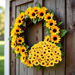 Wreath and bouquet of 100 yellow artificial sunflower heads with green leaves on a wooden door