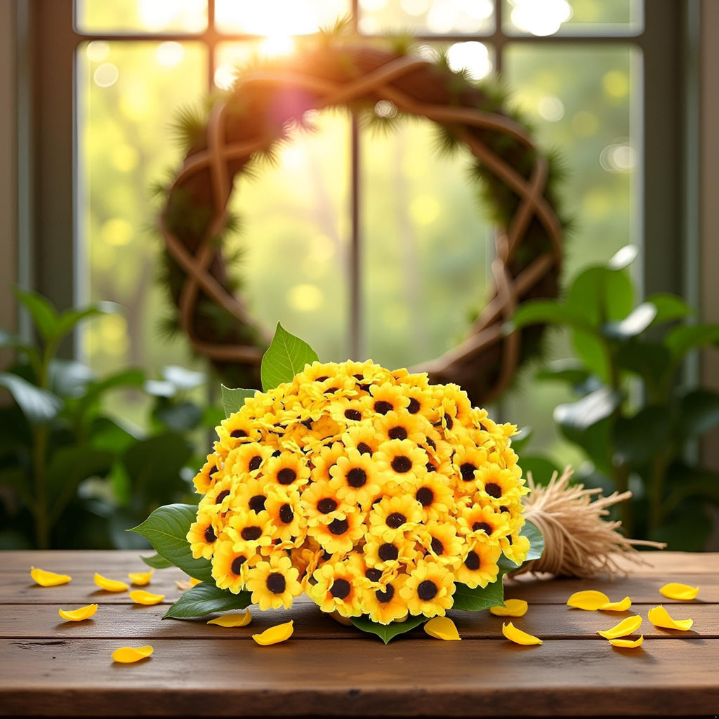 Bouquet of 100 yellow artificial sunflower heads with green leaves on a wooden table, with scattered petals and a wreath in the background.