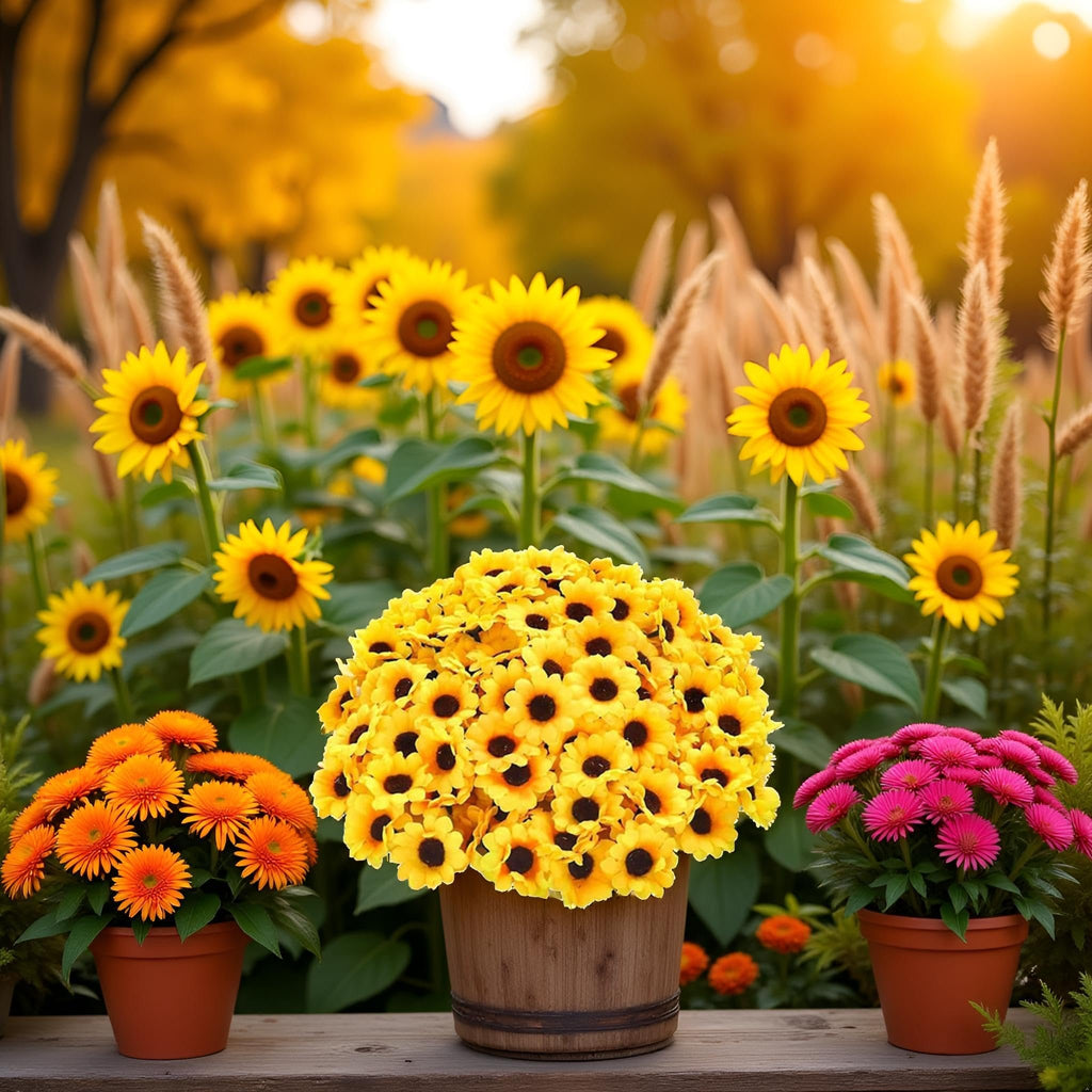 A large bunch of artificial yellow sunflowers in a wooden bucket, with orange and pink flowers in pots on a wooden surface, set against a blurred background of sunflowers and foliage.