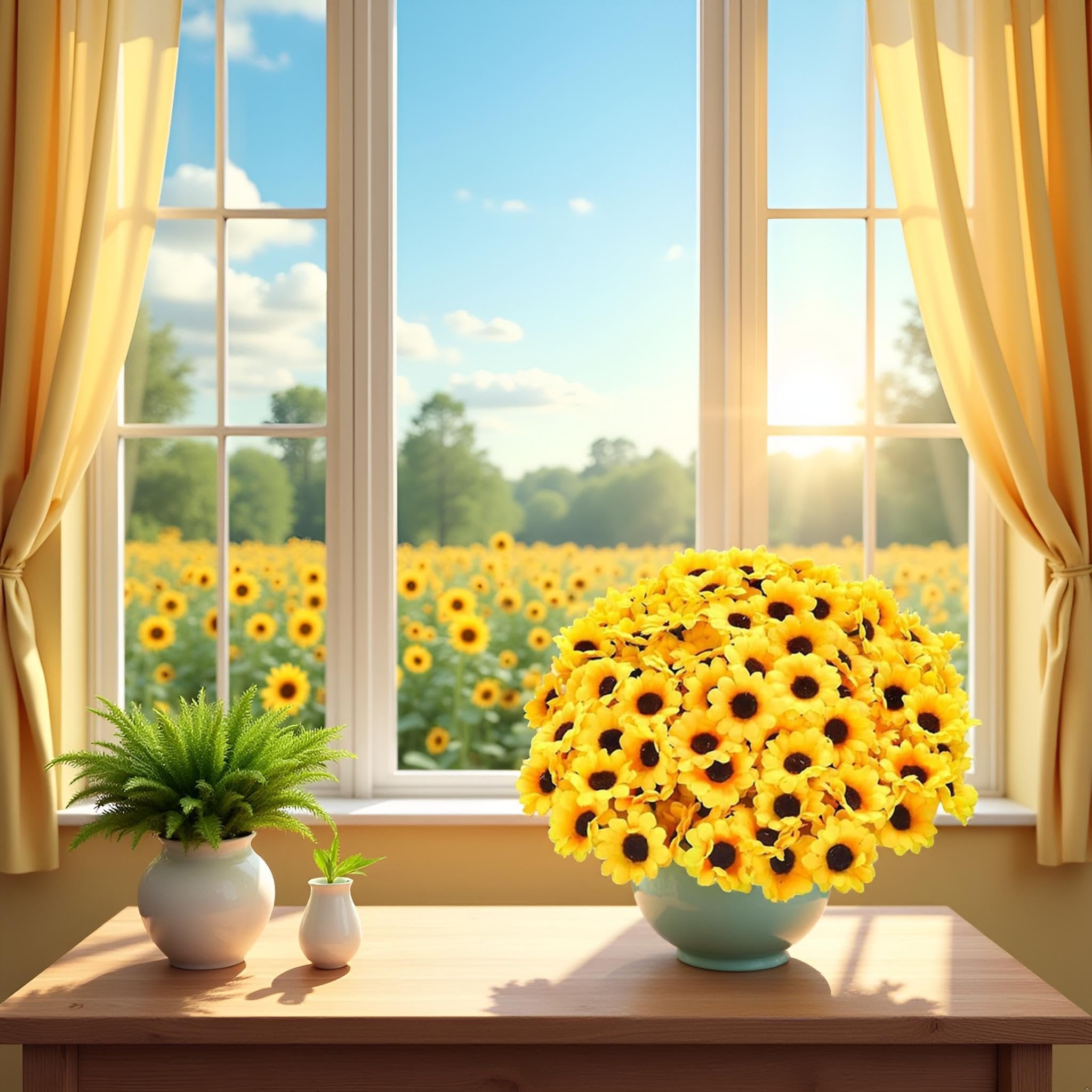 Bouquet of 100 yellow artificial sunflower heads in a teal bowl on a wooden table, viewed through a window with a sunflower field outside.