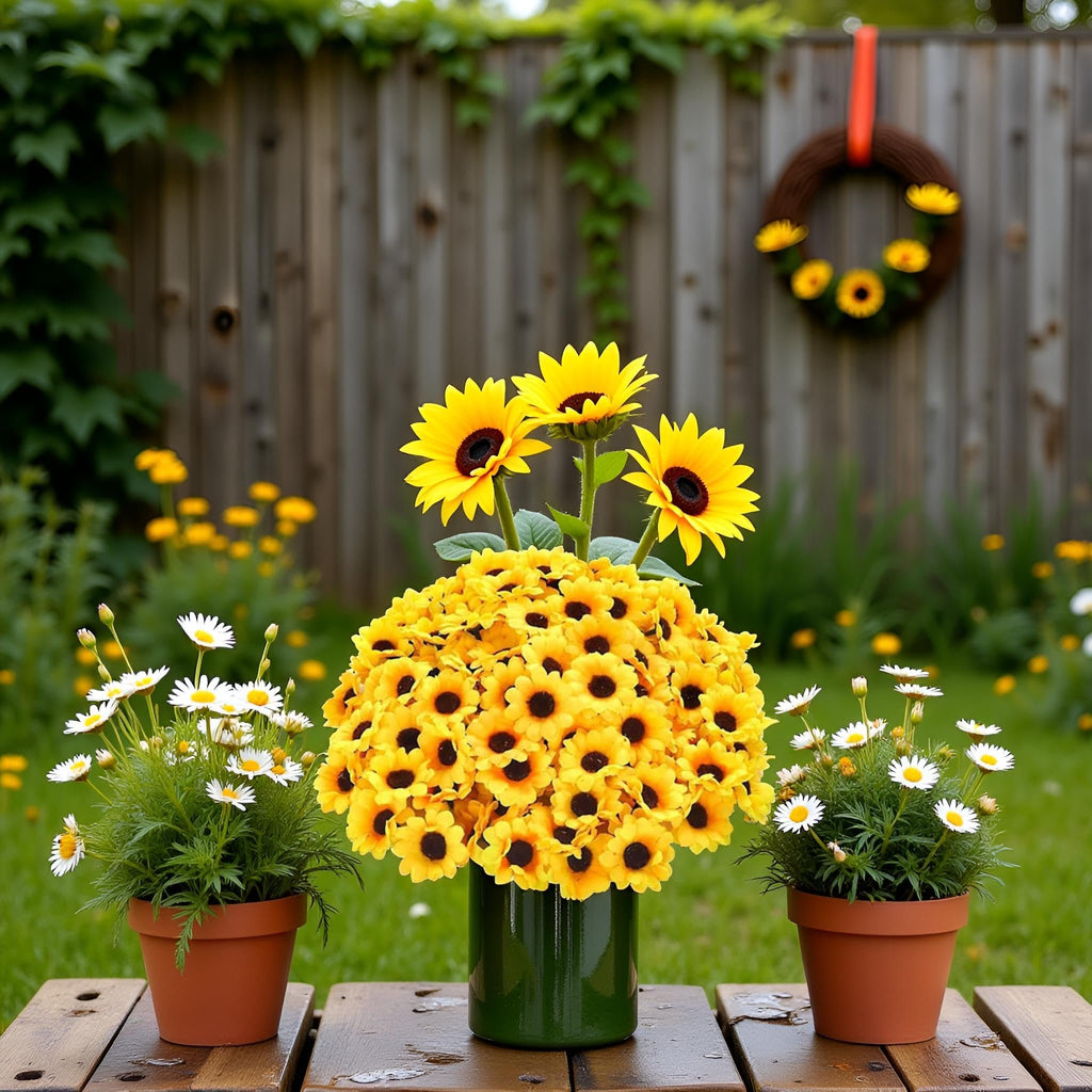 Bouquet of 100 yellow artificial sunflower heads in a green vase with two potted daisies on a wooden table