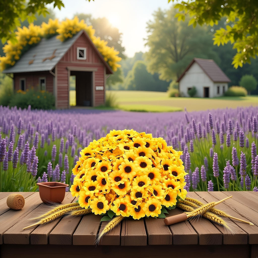 Bouquet of 100 yellow artificial sunflower heads on a wooden table with wheat stalks and a small pot, in front of a lavender field and rustic barns.
