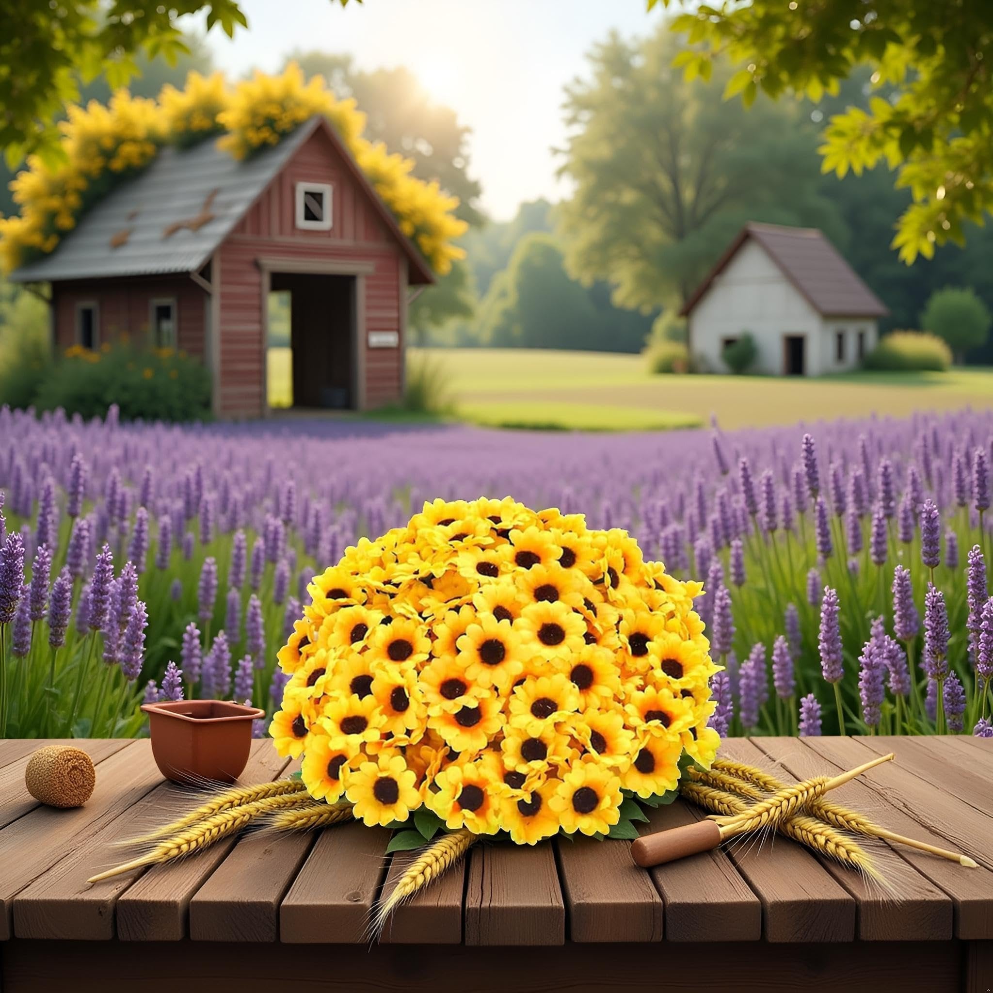 Bouquet of 100 yellow artificial sunflower heads on a wooden table with wheat stalks and a small pot, in front of a lavender field and rustic barns.