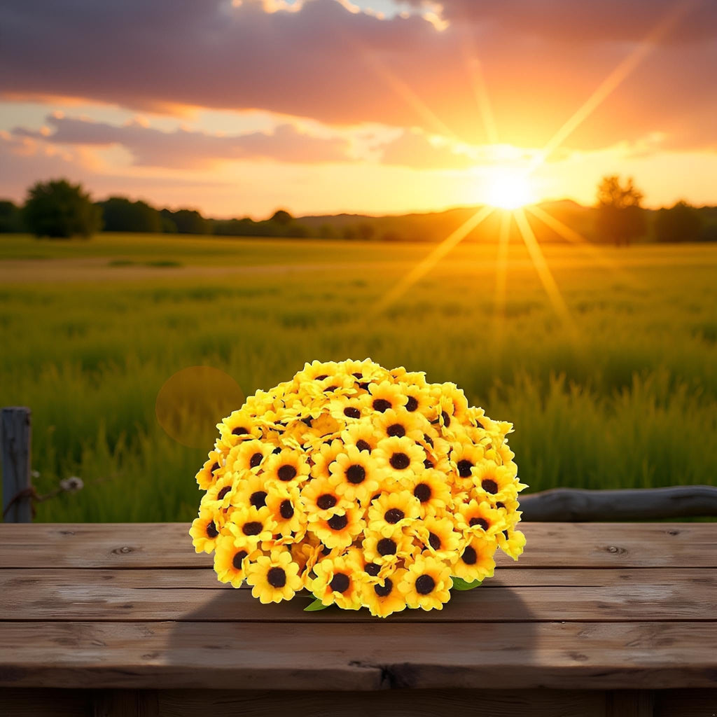 Bouquet of 100 yellow artificial sunflower heads on a wooden table with a sunset landscape background