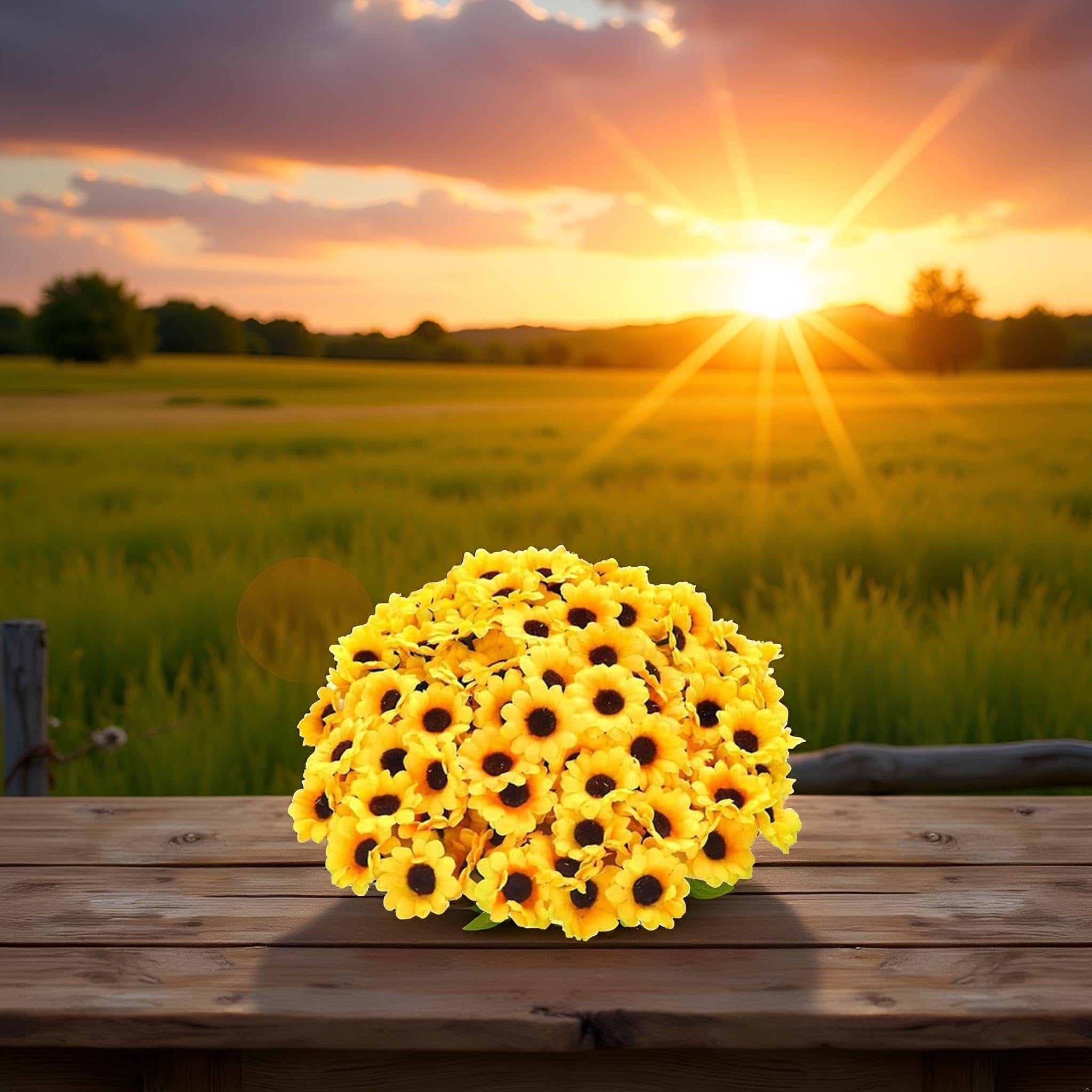 Bouquet of 100 yellow artificial sunflower heads on a wooden table with a sunset landscape background