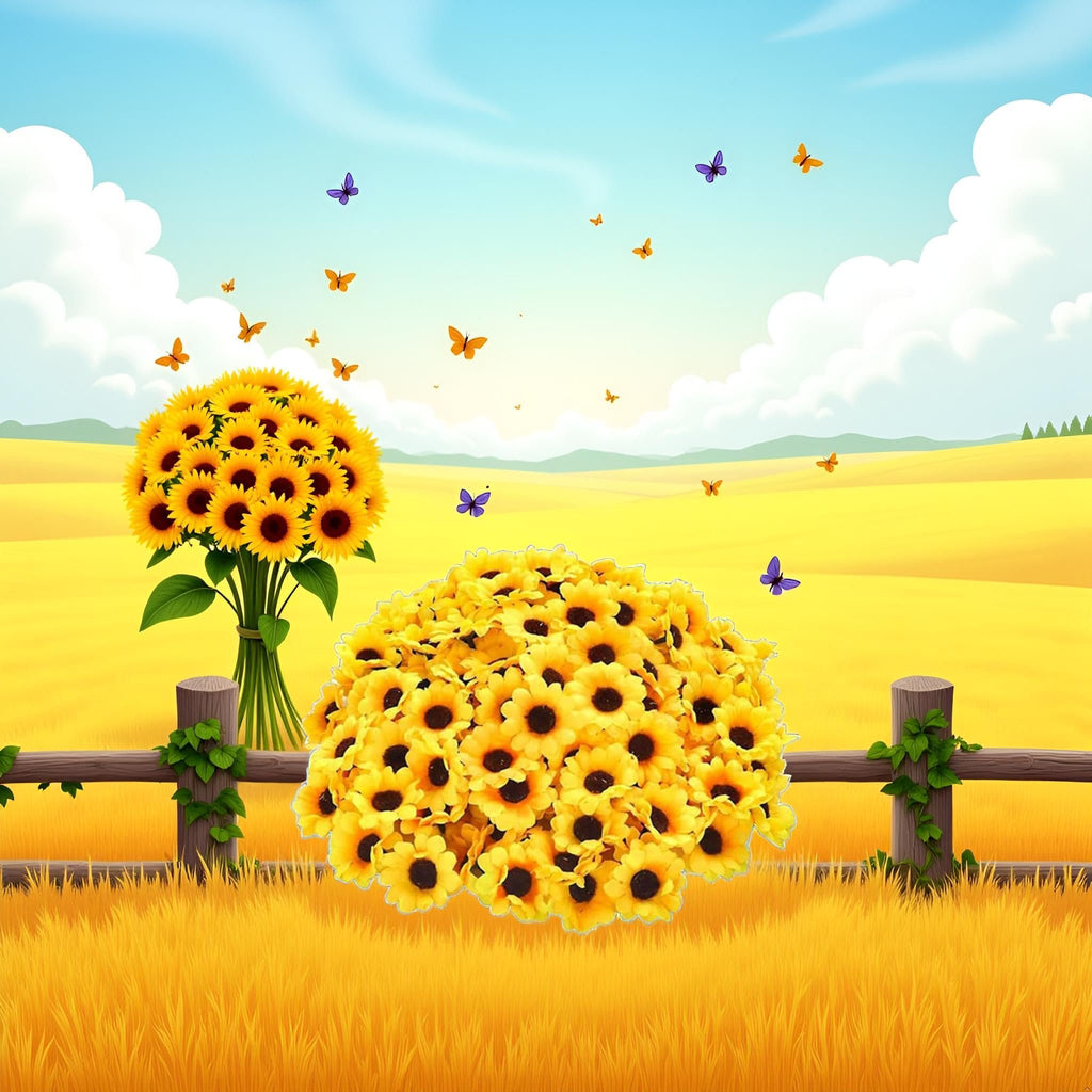 Two bouquets of yellow artificial sunflowers in a field with butterflies and a wooden fence.