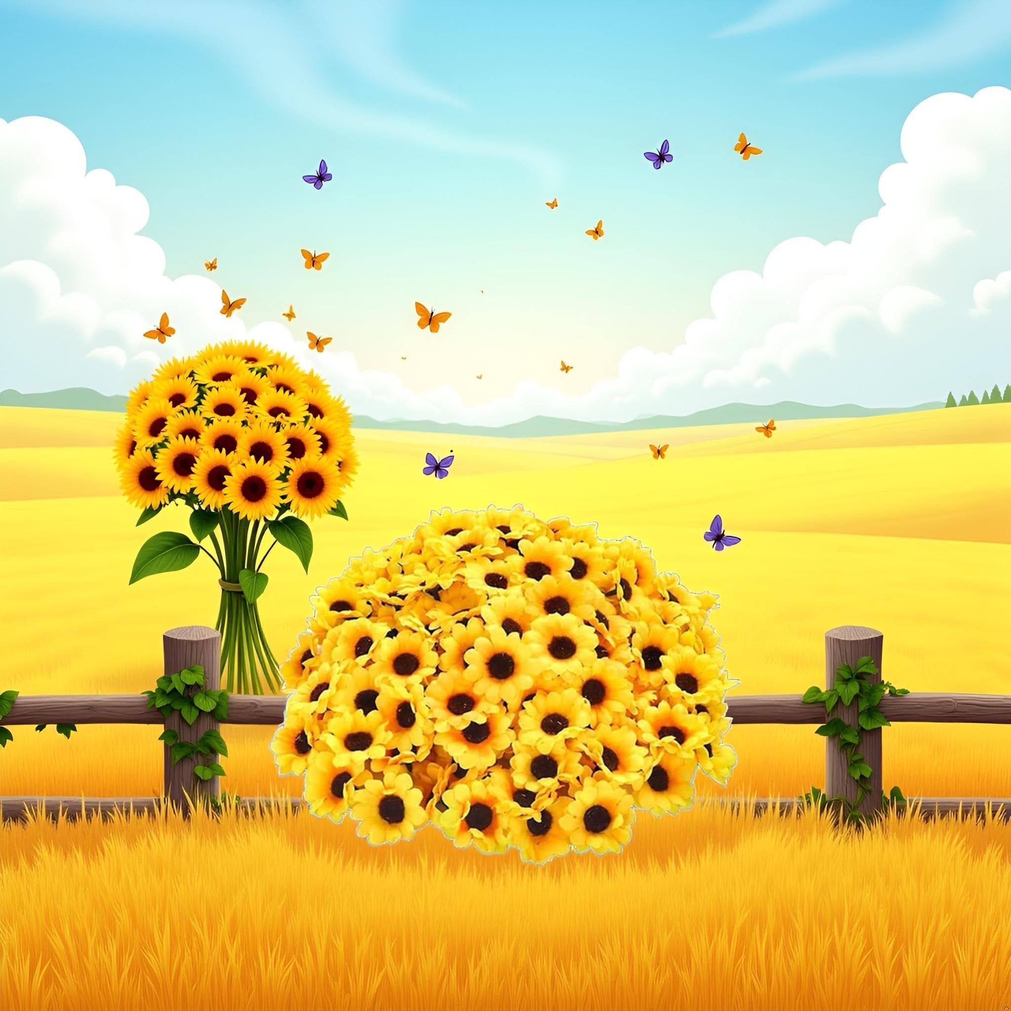 Two bouquets of yellow artificial sunflowers in a field with butterflies and a wooden fence.
