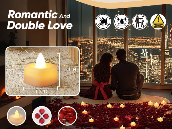 Flameless LED tea lights and red rose petals scattered on floor with couple looking at city lights
