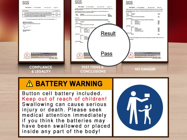 Three SGS test reports with text overlays and a battery warning label with child safety icon.