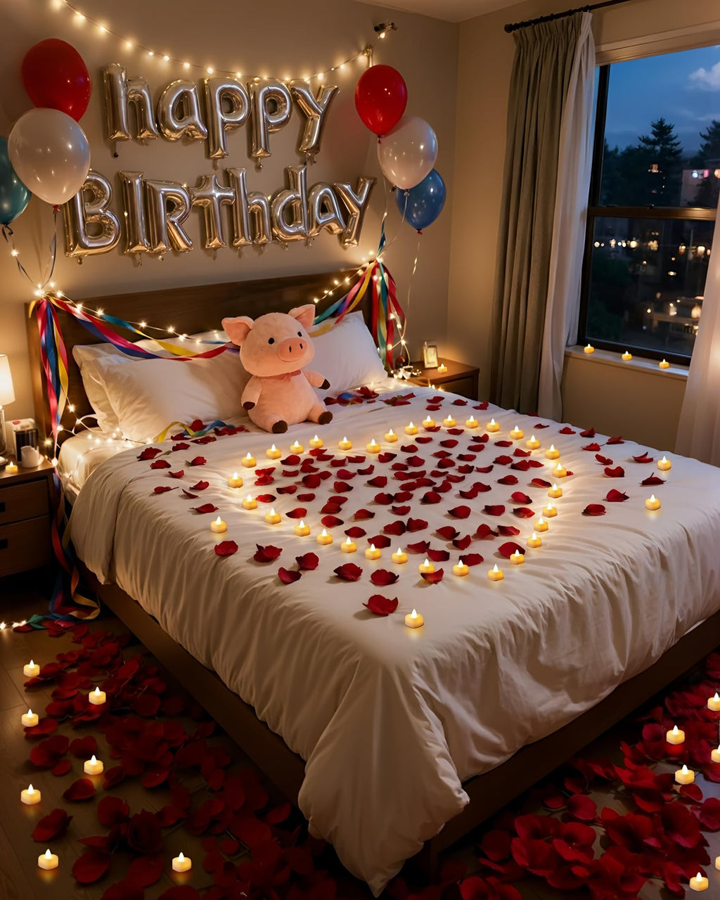 Bedroom decorated with rose petals and LED tea lights for a birthday celebration, featuring 'Happy Birthday' balloons and a plush pig toy on the bed.