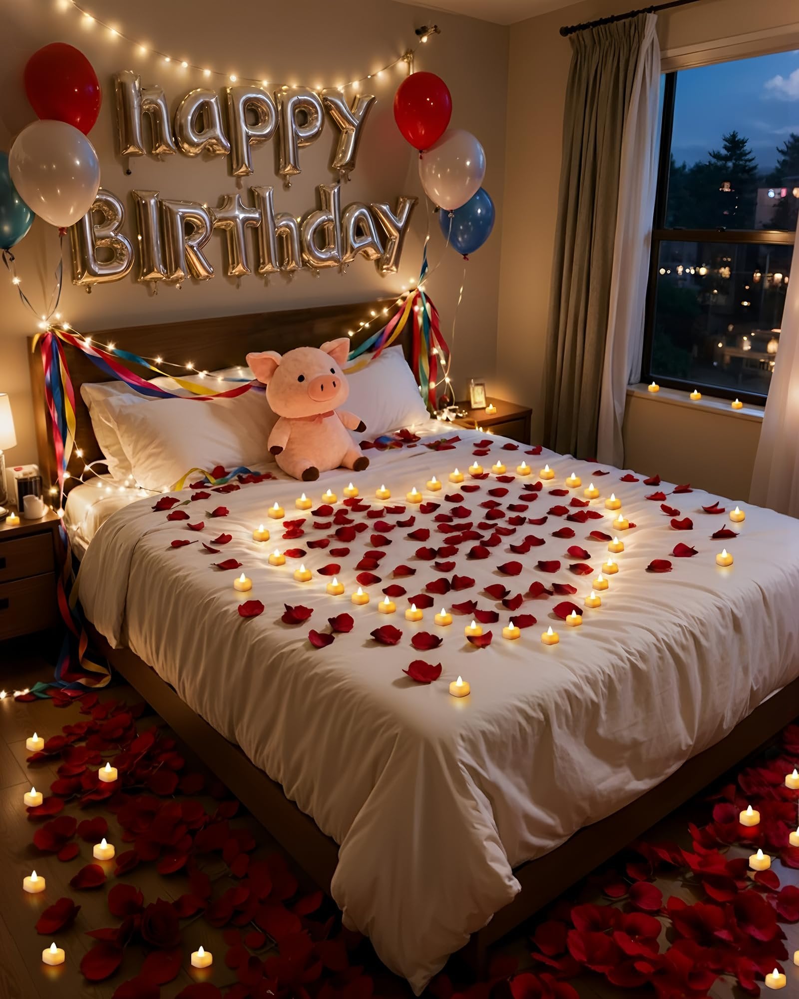 Bedroom decorated with rose petals and LED tea lights for a birthday celebration, featuring 'Happy Birthday' balloons and a plush pig toy on the bed.