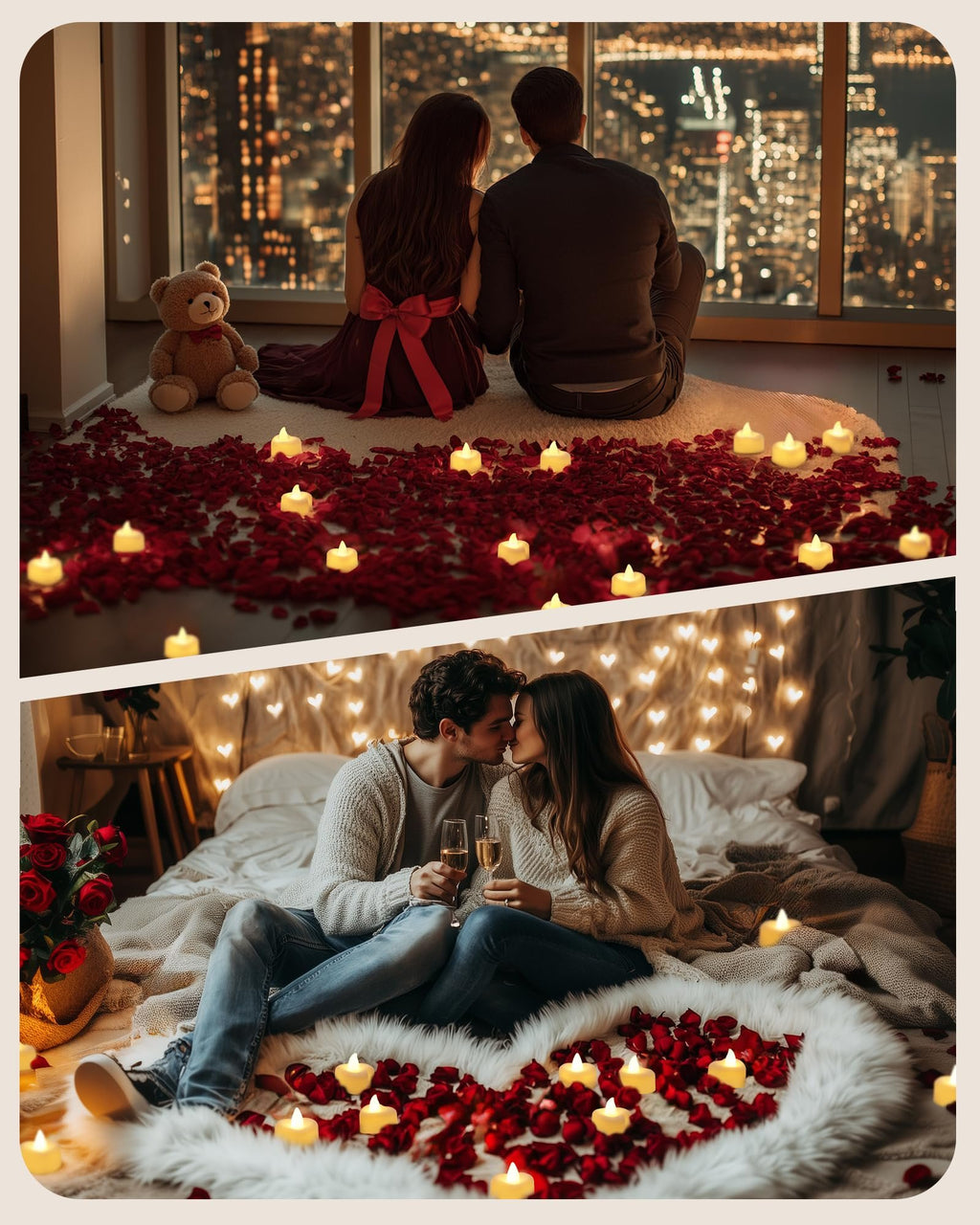 Couple celebrating Valentine's Day with rose petals and LED tea lights in two romantic settings.