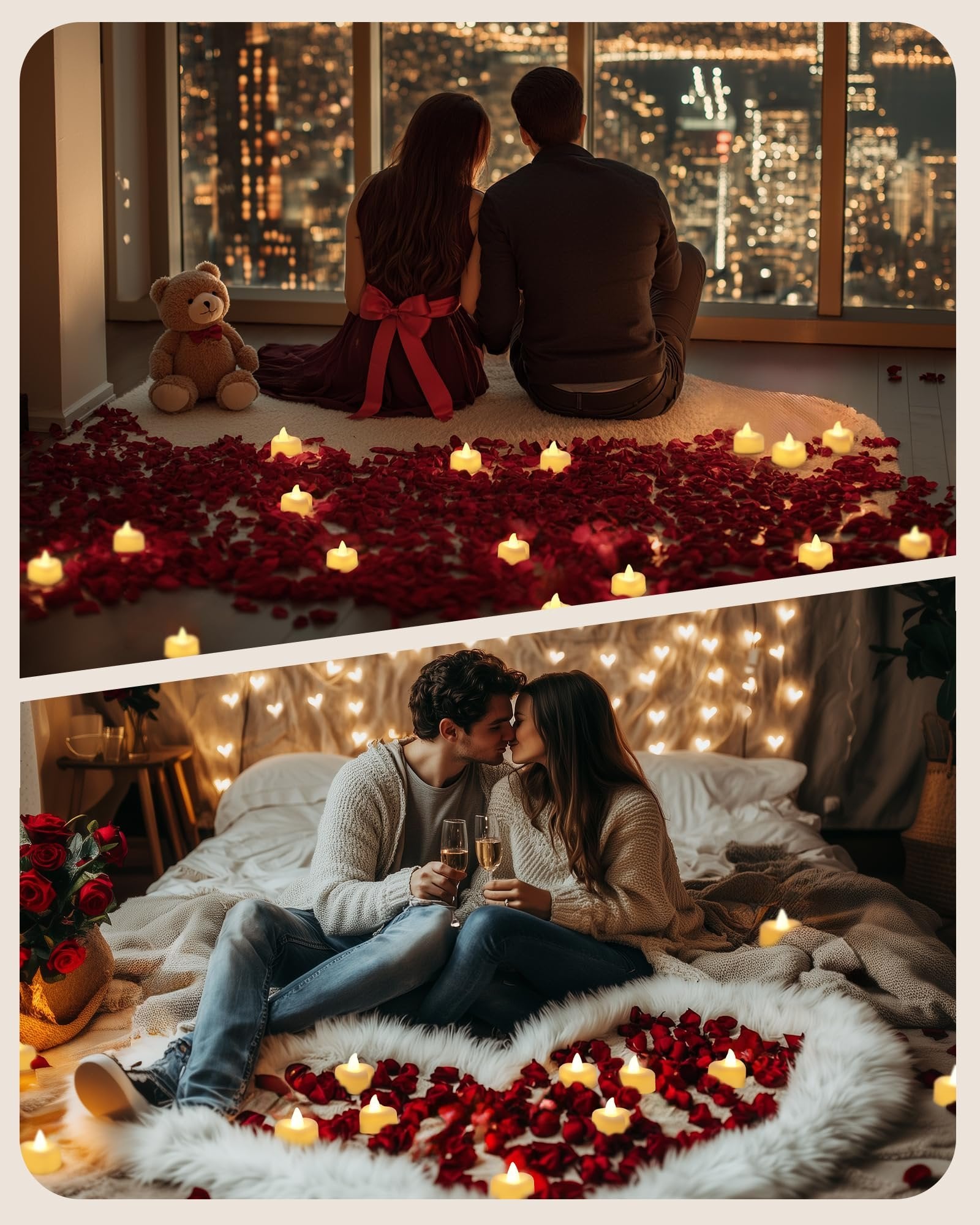 Couple celebrating Valentine's Day with rose petals and LED tea lights in two romantic settings.