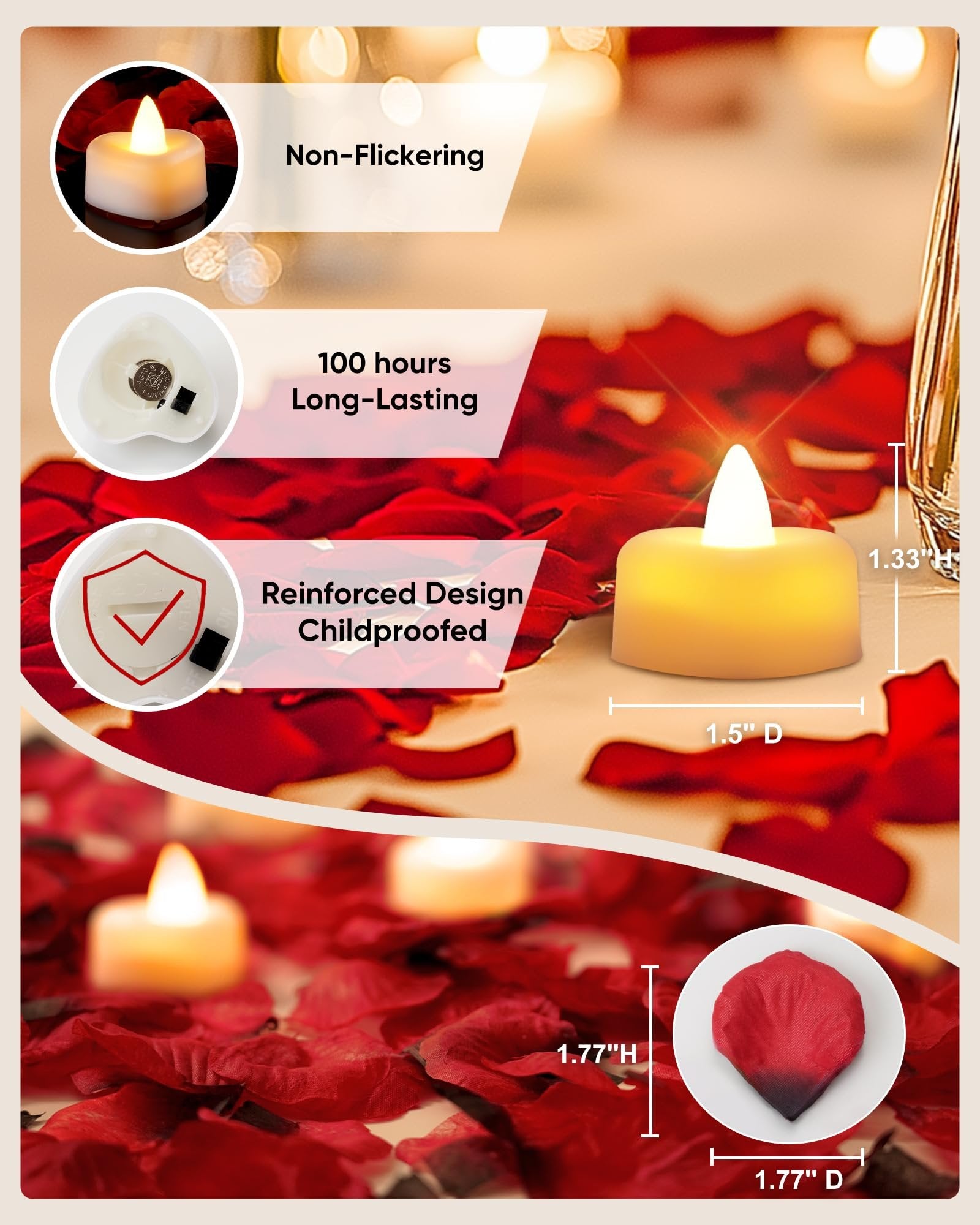 LED tea lights and artificial rose petals with dimensions and feature callouts