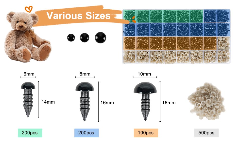 Teddy bear and various sizes of black plastic safety eyes with washers, showing dimensions and quantities.