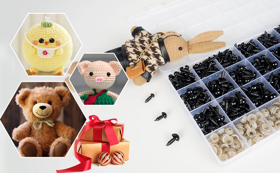 Assorted black plastic safety eyes and washers in a compartmentalized storage box, with examples of crochet animals and a teddy bear.