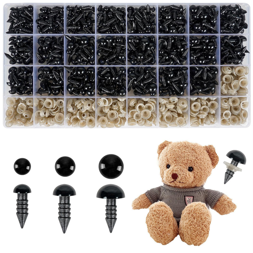 Assortment of black plastic safety eyes and washers in a divided container, with loose eyes, washers, and a teddy bear.