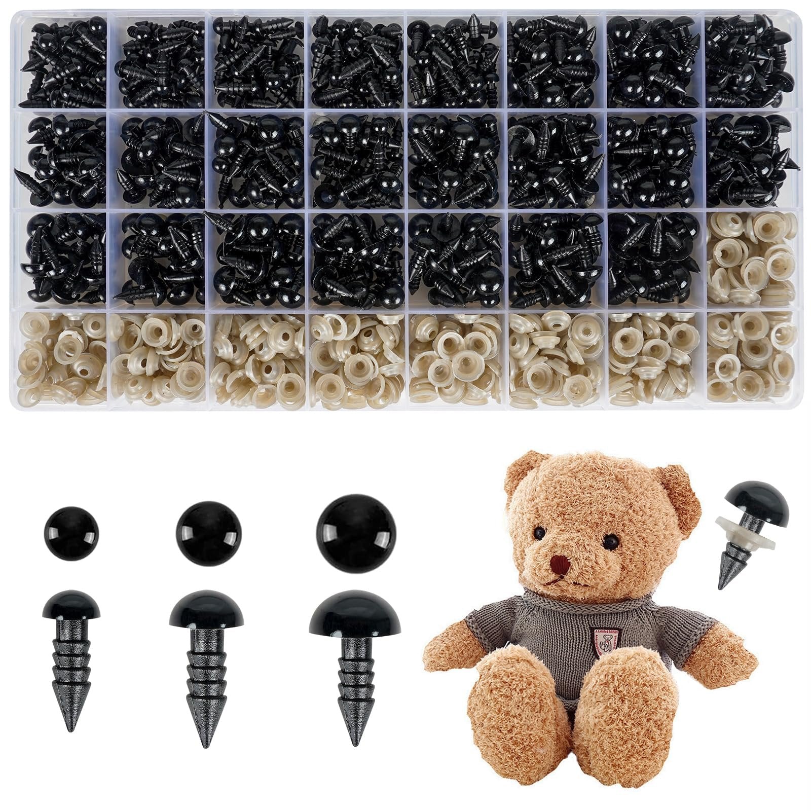 Assortment of black plastic safety eyes and washers in a divided container, with loose eyes, washers, and a teddy bear.