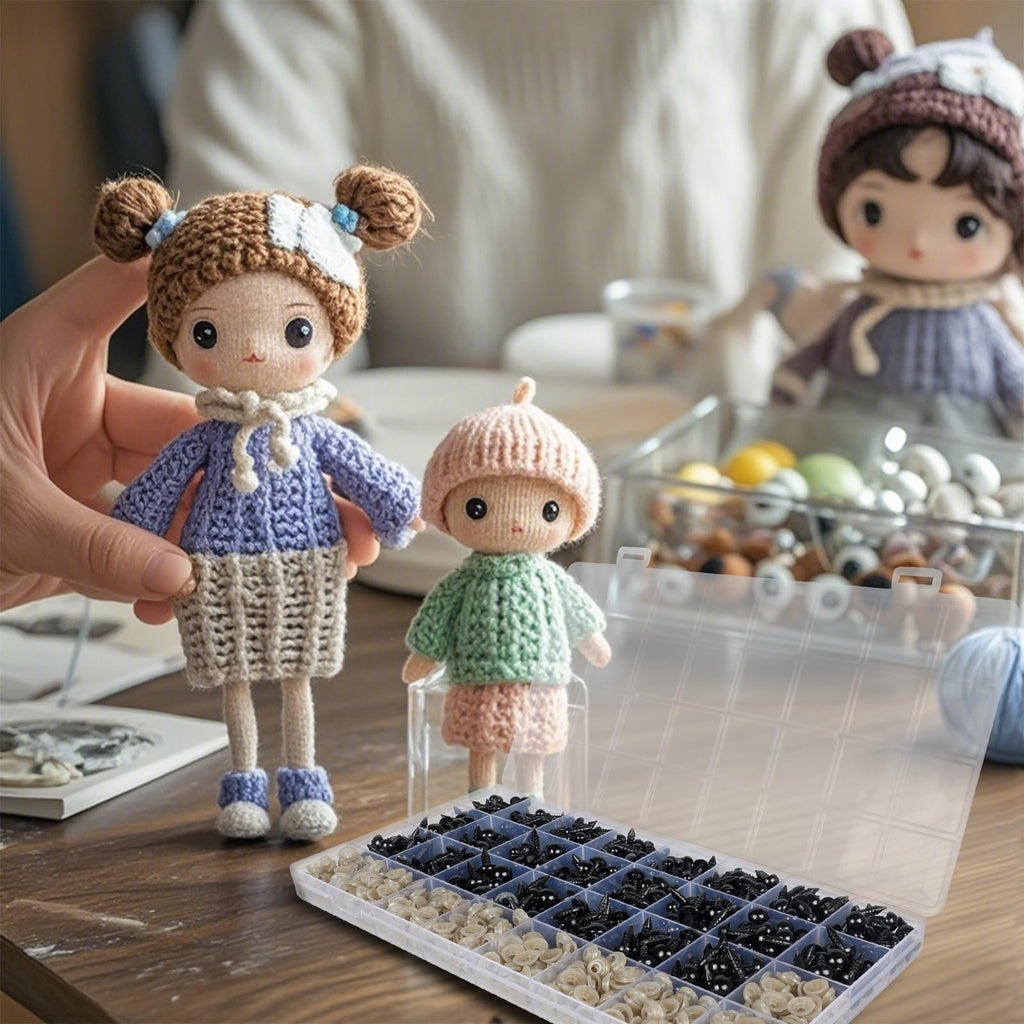 Close-up of a hand holding a crochet doll, with a smaller doll and a clear plastic organizer filled with black safety eyes and washers in the foreground.