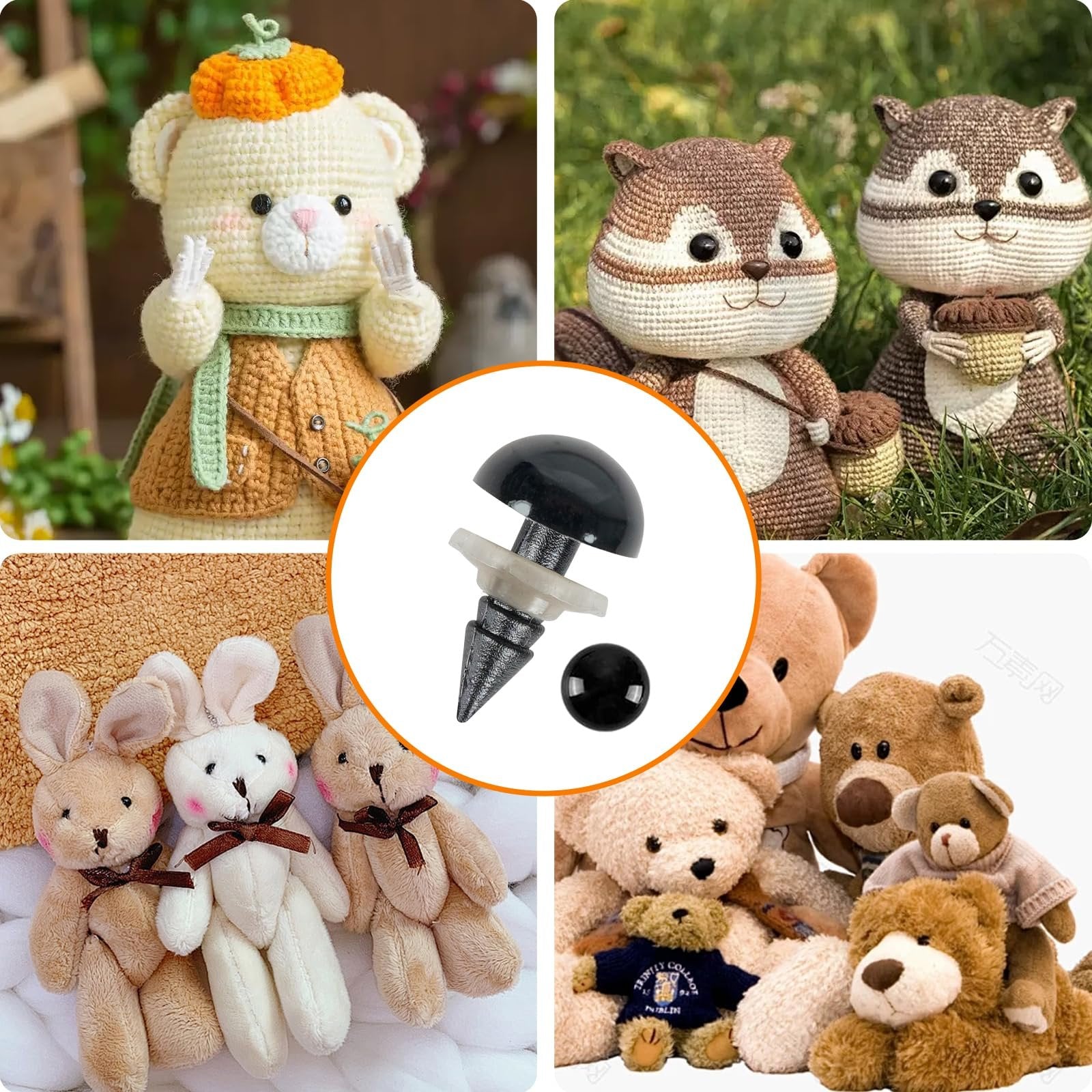 Collage of crochet animals and teddy bears, with a close-up of a black safety eye and washer in the center.