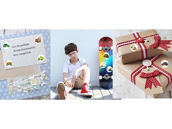 Collage of construction vehicle stickers applied to a card, skateboard, and gift wrap, with a boy sitting nearby.