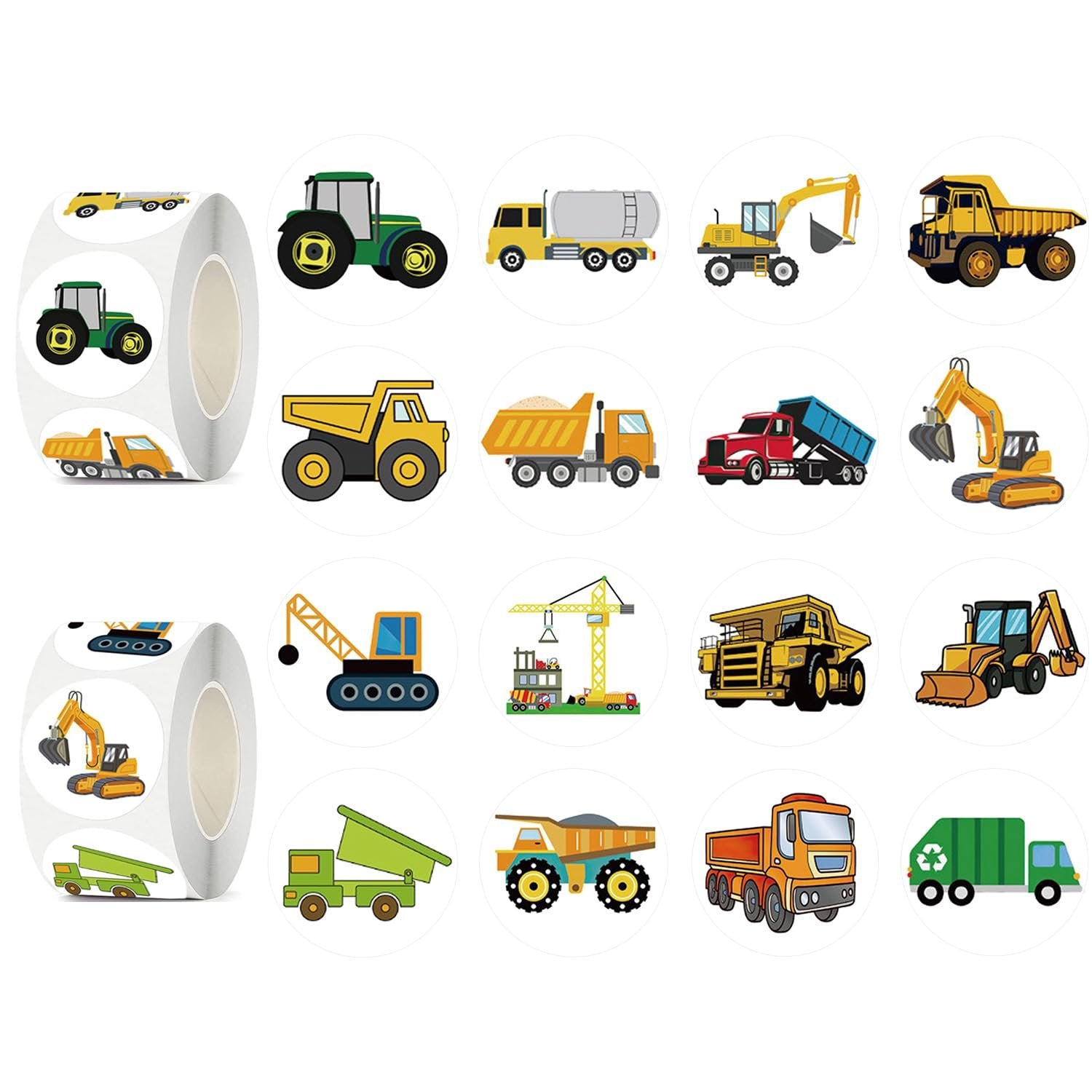 Roll of cartoon construction vehicle stickers and individual stickers showing tractors, dump trucks, excavators, and cranes.