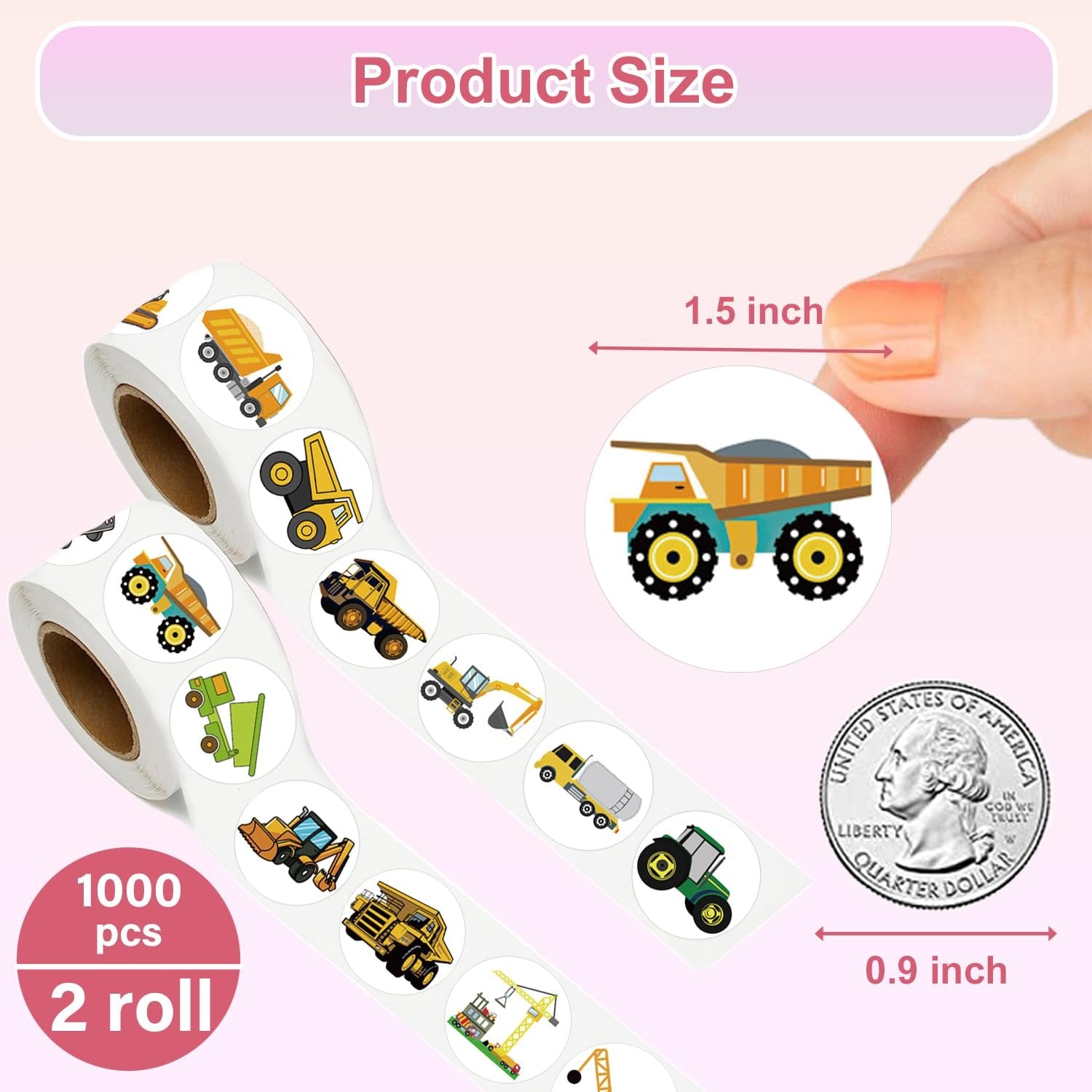 Rolls of cartoon construction vehicle stickers shown with size comparison to a quarter and a finger.