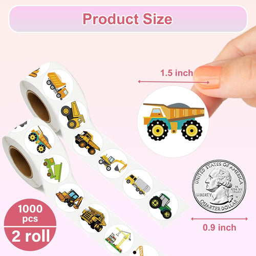 Rolls of cartoon construction vehicle stickers shown with size comparison to a quarter and a finger.