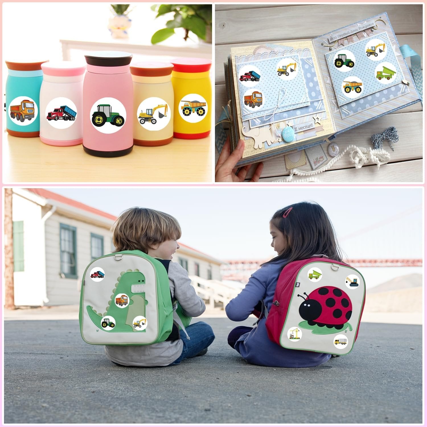Collage of cartoon truck and construction vehicle stickers applied to water bottles, a scrapbook, and children's backpacks.