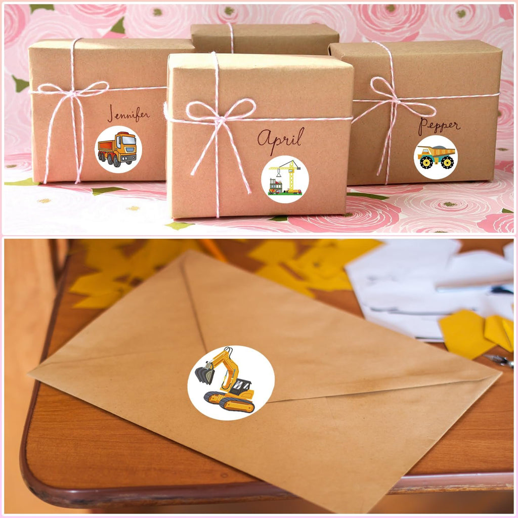 Roll of cartoon truck and construction vehicle stickers on wrapped gifts and an envelope